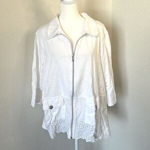 Onque Casuals Women's White Cotton 3/4 Sleeve Zipper Front Jacket ~ Size 1X